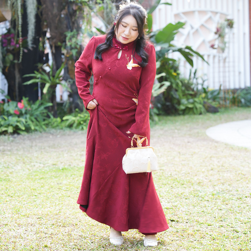 【朱朱专属】秋冬大码胖mm温柔仙气收腰鱼尾新中式旗袍长裙52017,女装/女士精品,旗袍,淘宝优惠券,粉丝福利购,淘宝优惠卷