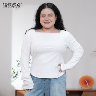 福饮沸别【秋水伊人】冬季大码胖MM磨毛方领收腰打底衫2636