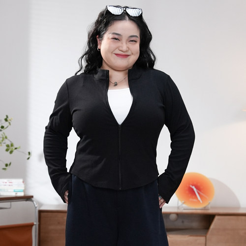 福饮沸别【水蛇腰】大码胖mm秋季新款性感修身小立领拉链开衫2556