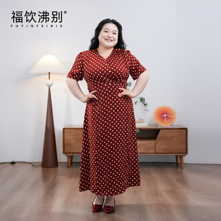 福饮沸别【红波星语】大码胖mm显瘦红色波点交叉领连衣裙-2148