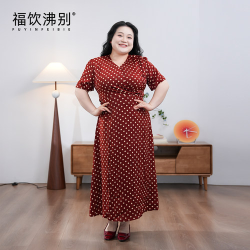 福饮沸别【红波星语】大码胖mm显瘦红色波点交叉领连衣裙-2148