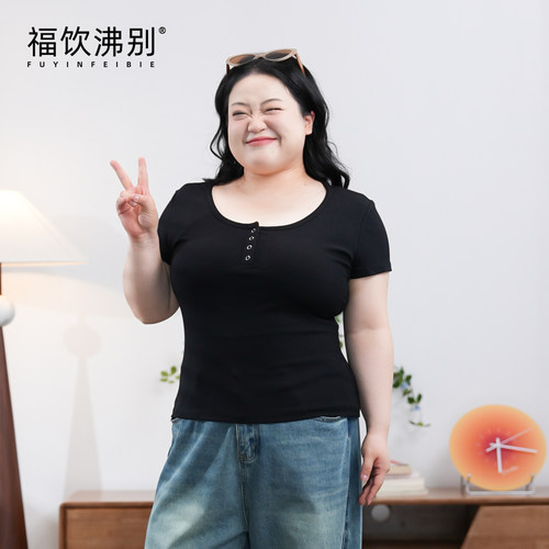 福饮沸别【灰扣轻衫】大码胖mm新款显瘦韩版前开扣短袖2226