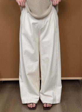 福饮沸别【奶油奶昔2.0】大码胖mm秋新款明线原棉直筒牛仔裤2230