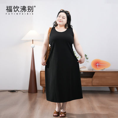 福饮沸别【暗夜轻扬】简约黑色无袖连衣裙背心吊带裙大码胖900043