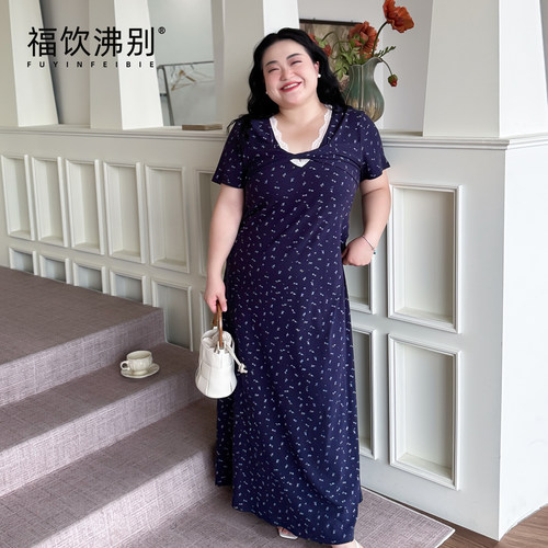 福饮沸别【碎蓝甜韵】大码胖mm甜美风蕾丝V领碎花修身连衣裙2229