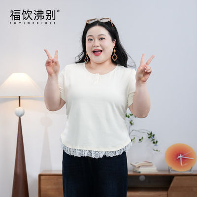 福饮沸别【黄油信号】大码胖mm2025年韩版可爱拼接蕾丝短袖2122