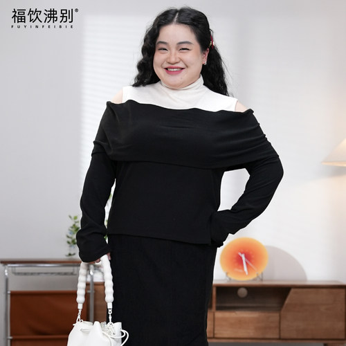 福饮沸别【甜酷叠肩】大码胖mm冬季优雅显瘦假两件一字肩T恤2679