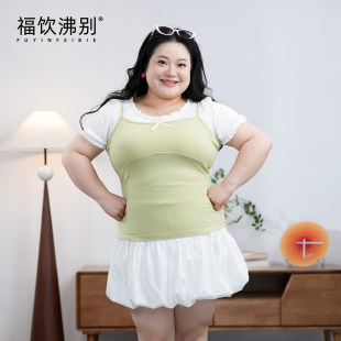 福饮沸别【公主夏日】大码显瘦胖MM甜美气质假两件修身T恤2145