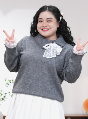 福饮沸别【灰调蕾丝】大码胖mm休闲日常拼接蕾丝翻领毛衣YP25151
