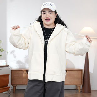 【福饮沸别】加绒款大码胖mm时尚珠地棉加绒卫衣外套女2023