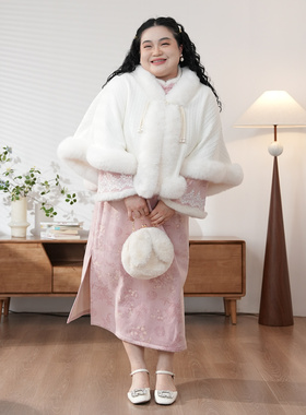 【福饮沸别】冬季加绒长袖暗纹粉花大码旗袍粉色连衣裙52153