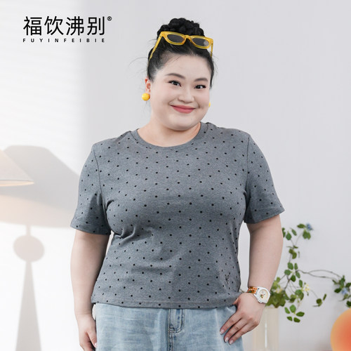 福饮沸别【波点少女】大码胖mm休闲显瘦日常百搭灰色短袖T恤-2101