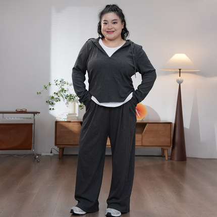 福饮沸别【舒逸双C】大码胖MM冬季半拉链收腰假两件连帽套装2594