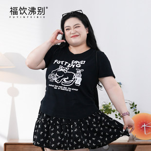 【福饮沸别】【小懒猫】大码胖mm新款趣味小猫印花短袖T恤女1001