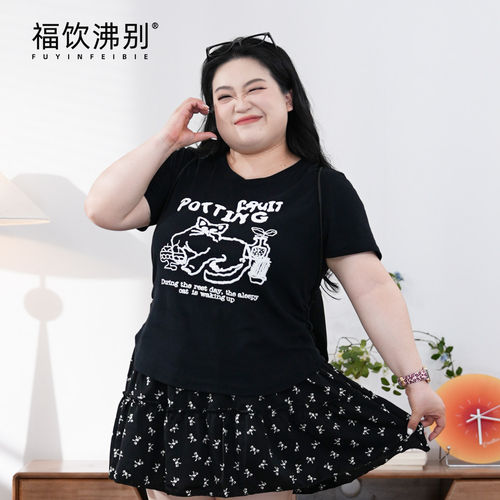 【福饮沸别】【小懒猫】大码胖mm新款趣味小猫印花短袖T恤女1001