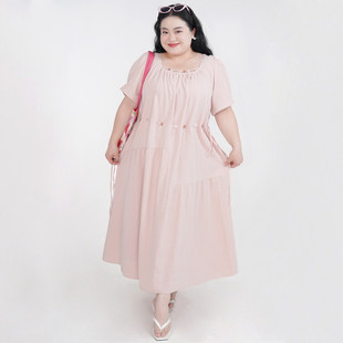 胖mm显瘦松弛感串珠收腰连衣裙 大码 2407 粉雾海 福饮沸别