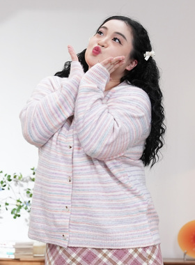 福饮沸别【彩虹漫染】大码胖mm日常百搭撞色条纹针织开衫BYF25154