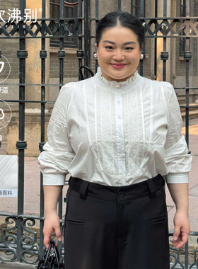 福饮沸别大码显瘦胖MM春季韩系甜美花边圆领刺绣衬衫2085