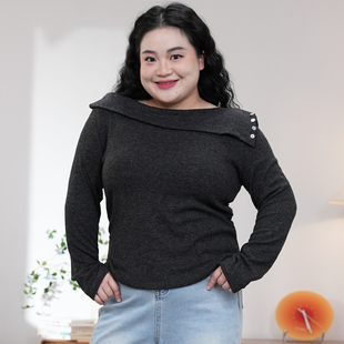 福饮沸别【一见钟情】大码胖mm秋冬季高级感一字肩修身上衣2607