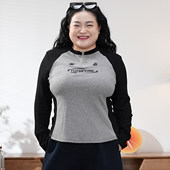 辣妹狙击 大码 胖mm撞色正肩仿插肩袖 福饮沸别 修身 刺绣上衣2549