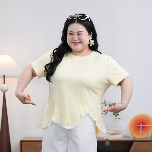 福饮沸别【浅棉萌趣】大码胖mm夏季显瘦不规则下摆花边短袖-2166