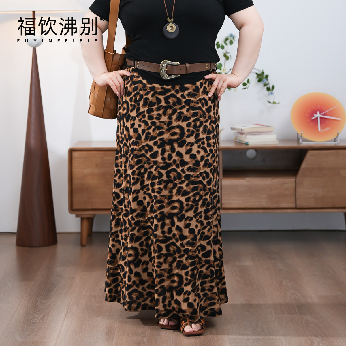 福饮沸别【港风美豹】显瘦遮胯大码胖mm女个性风豹纹半身裙900036