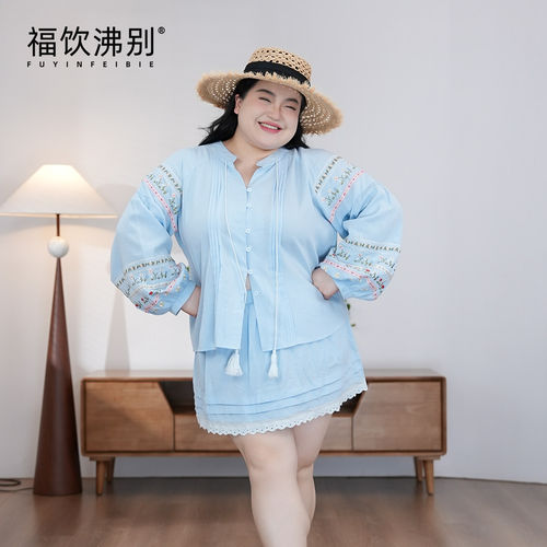 福饮沸别【风织野芒】大码胖mm刺绣波西米亚风度假套装2303/2304