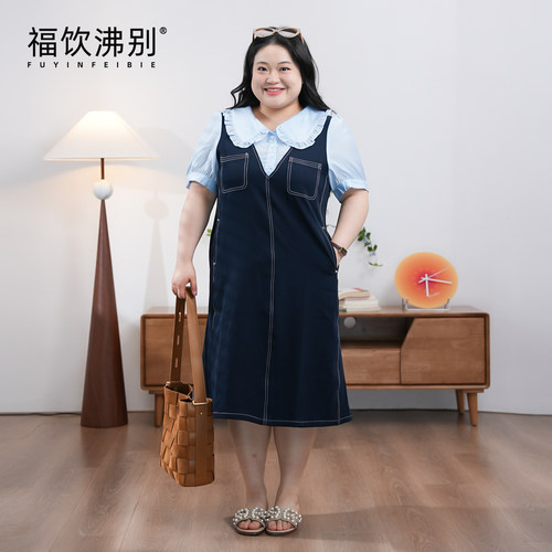 福饮沸别【蓝莓奶芙】大码胖MM拼接假两件娃娃领牛仔连衣裙-2298
