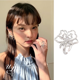 UNEUPEU UNEUMIN 扶桑花锆石原创高级感戒指饰品开口戒小众饰品
