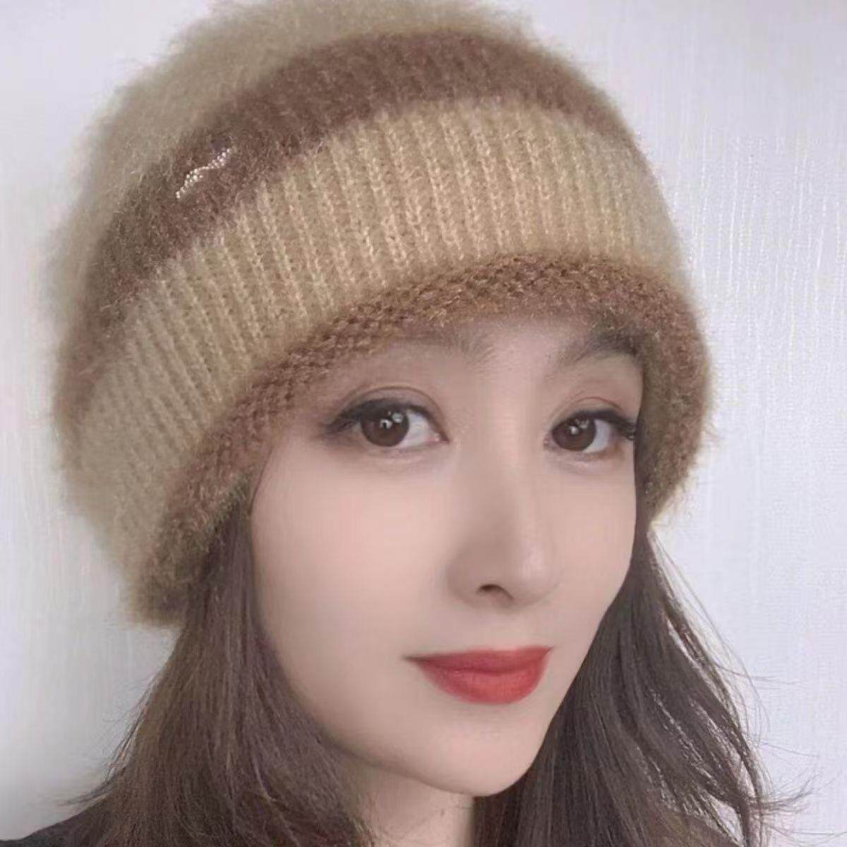冬季双层加厚保暖舒适柔软针织帽子女帽时尚百搭撞色条纹贝雷女帽