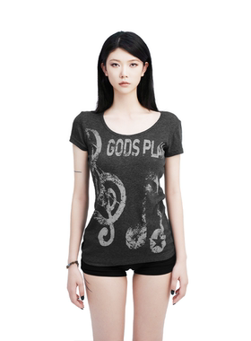 Gods plan*上帝计划25ss原创暗黑小众音符修身U型收腰辣妹短袖女