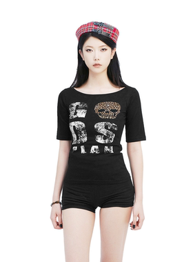 Gods plan*上帝计划25ss原创辣妹小众暗黑豹纹印花修身收腰五分袖