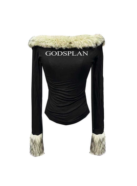 Gods plan*上帝计划原创毛毛领斜肩修身显瘦长袖打底衫辣妹女上衣