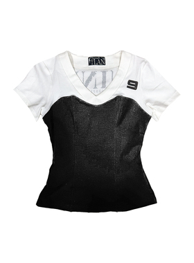 Gods plan*上帝计划25ss原创辣妹基础通勤撞色正肩束腰修身短袖女