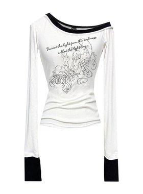 Gods plan*上帝计划 原创暗黑轻亚斜领拼色百搭长袖打底衫辣妹女