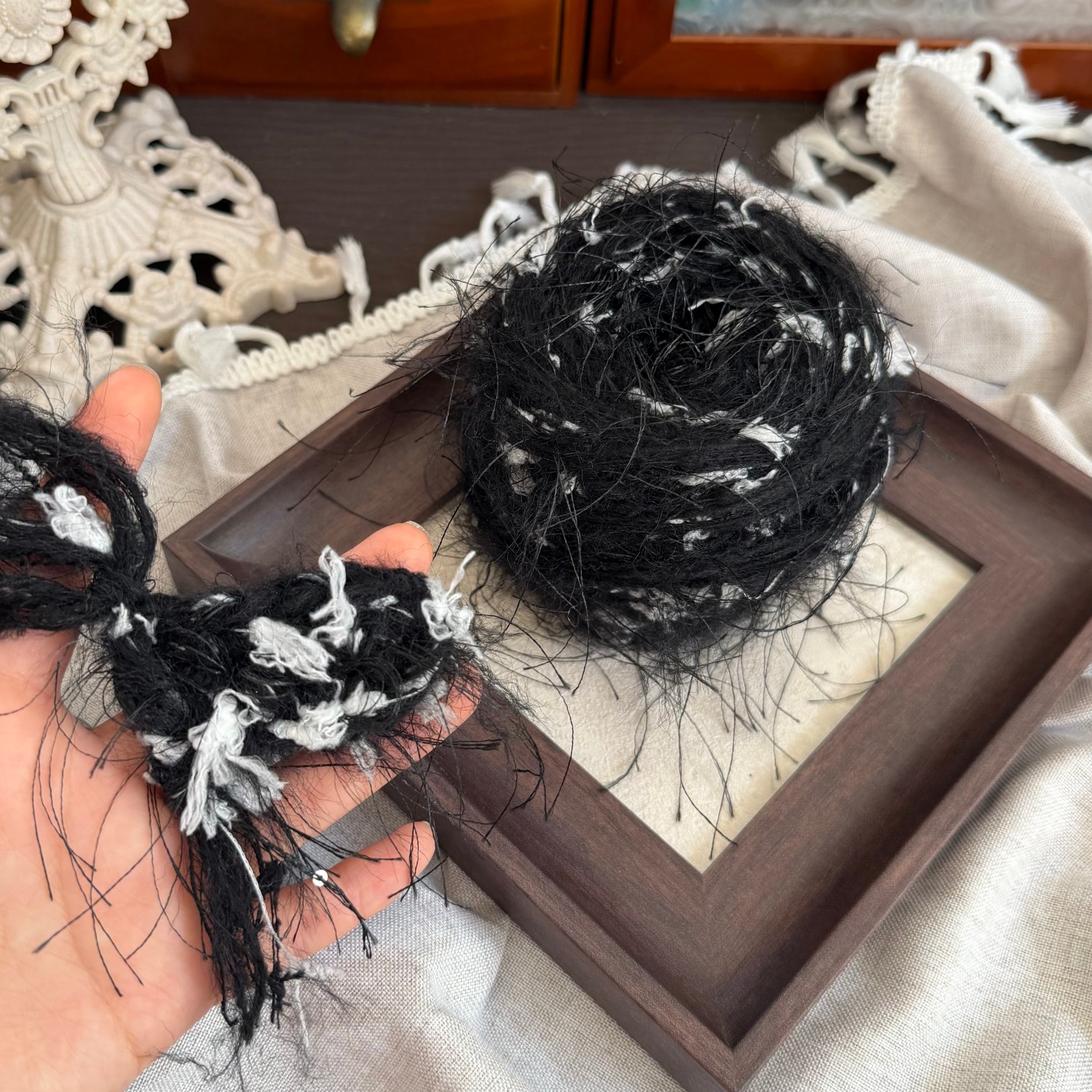 黑白长毛线手混线团柔软diy钩织包包帽子围巾跳舞纱线混线雪与夜