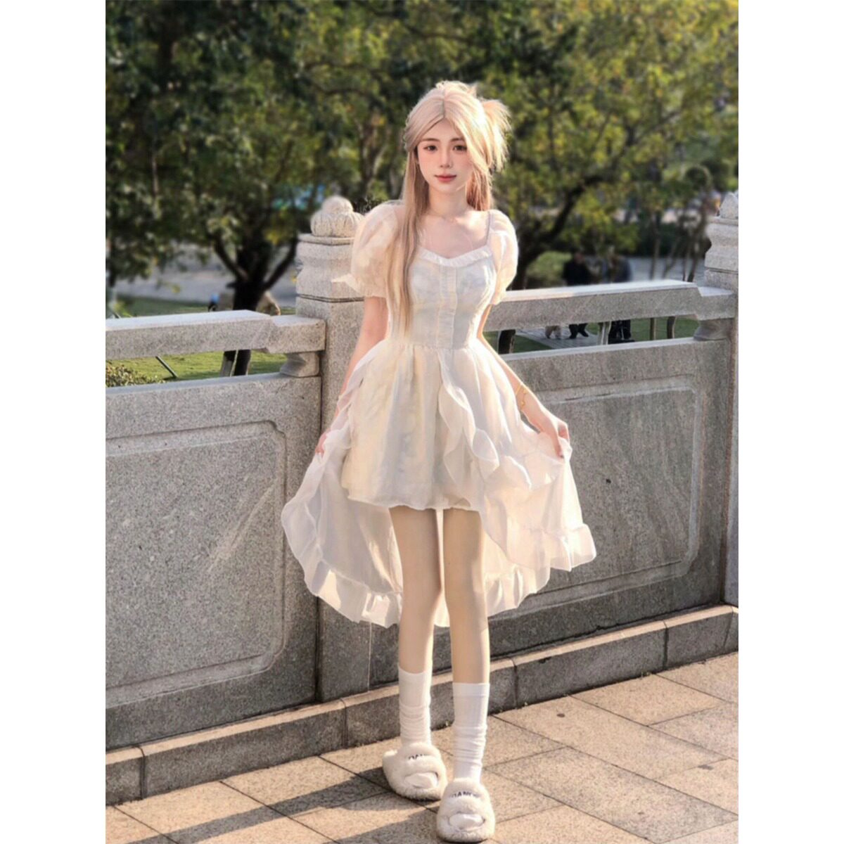 韩系设计感重工不规则前短后长裙摆夏季收腰超仙显瘦公主裙女学生