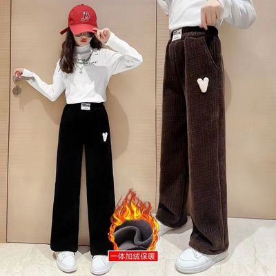 女童加绒直筒裤秋冬加厚阔腿裤子