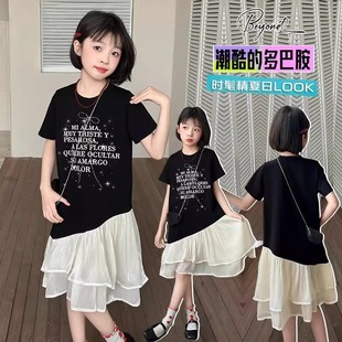 兒童洋氣中長款 拼接T恤裙中大童公主裙假兩件 夏季 女童連衣裙新款
