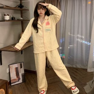冬季新品ins可爱卡通Loopy夹层睡衣长袖长裤两件家居服套装黄外穿