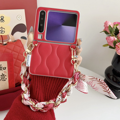 高档小香风皮质适用华为puraX折叠屏手机壳小米mixflip2新年红三星Zflip6/7FE丝巾手提链荣耀magicV女pocket2