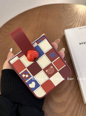 ins酒红白格子适用小米mixflip2手机壳华为pocket2/puraX壳膜一体指环皮扣三星Zflip6/7外壳荣耀V折叠屏N3女