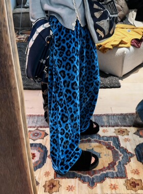 欧货高级感蓝色豹纹丝绒休闲裤女2025年新款时尚潮流垂坠感阔腿裤