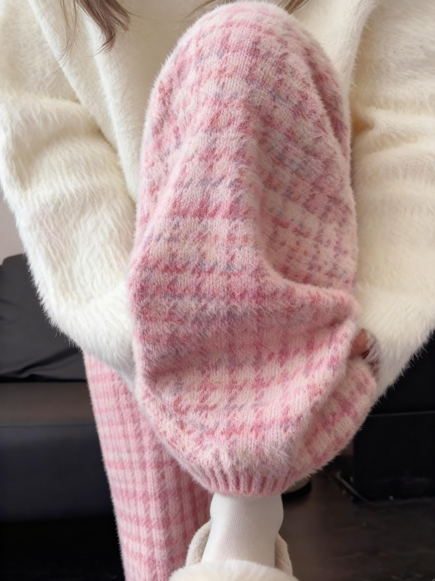 粉色千鸟格冬季休闲裤女2025新款冬季保暖针织裤宽松bf慵懒风裤子,女装/女士精品,大码裤装,淘宝优惠券,粉丝福利购,淘宝优惠卷