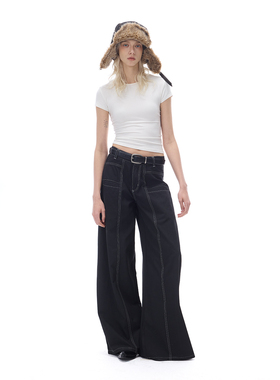 Costustoot 25夏季新款 原创洗水撞色线收褶松弛感黑色阔腿西裤女