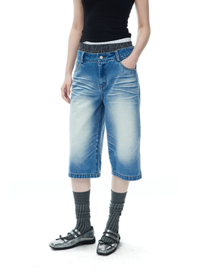 CUT2024SS 原创设计夏季复古水洗压褶猫须蓝色直筒宽松牛仔短裤女