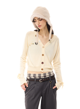 costustoot 短款毛织针织显瘦撞色纽扣开衫米色小V领毛衣外套女