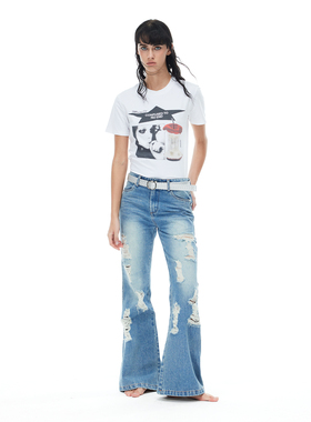 COSTUSTOOT 24SS“自由裂痕”破洞牛仔裤 蓝色洗水解构微喇叭长裤