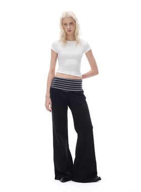 Costustoot 25春夏新款  黑灰条纹高弹腰显瘦阔腿微喇叭长卫裤女