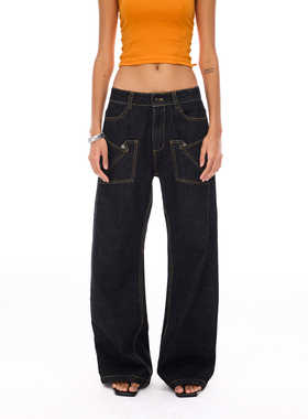 Costustoot 黑色弯刀廓形多口袋挺阔设计感牛仔长裤